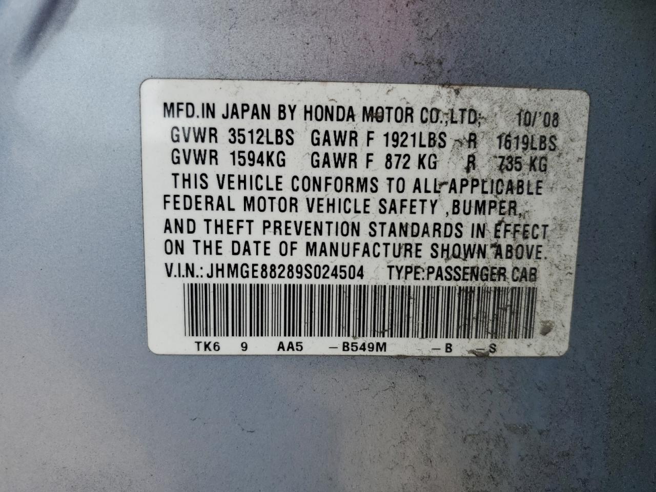 JHMGE88289S024504 2009 Honda Fit