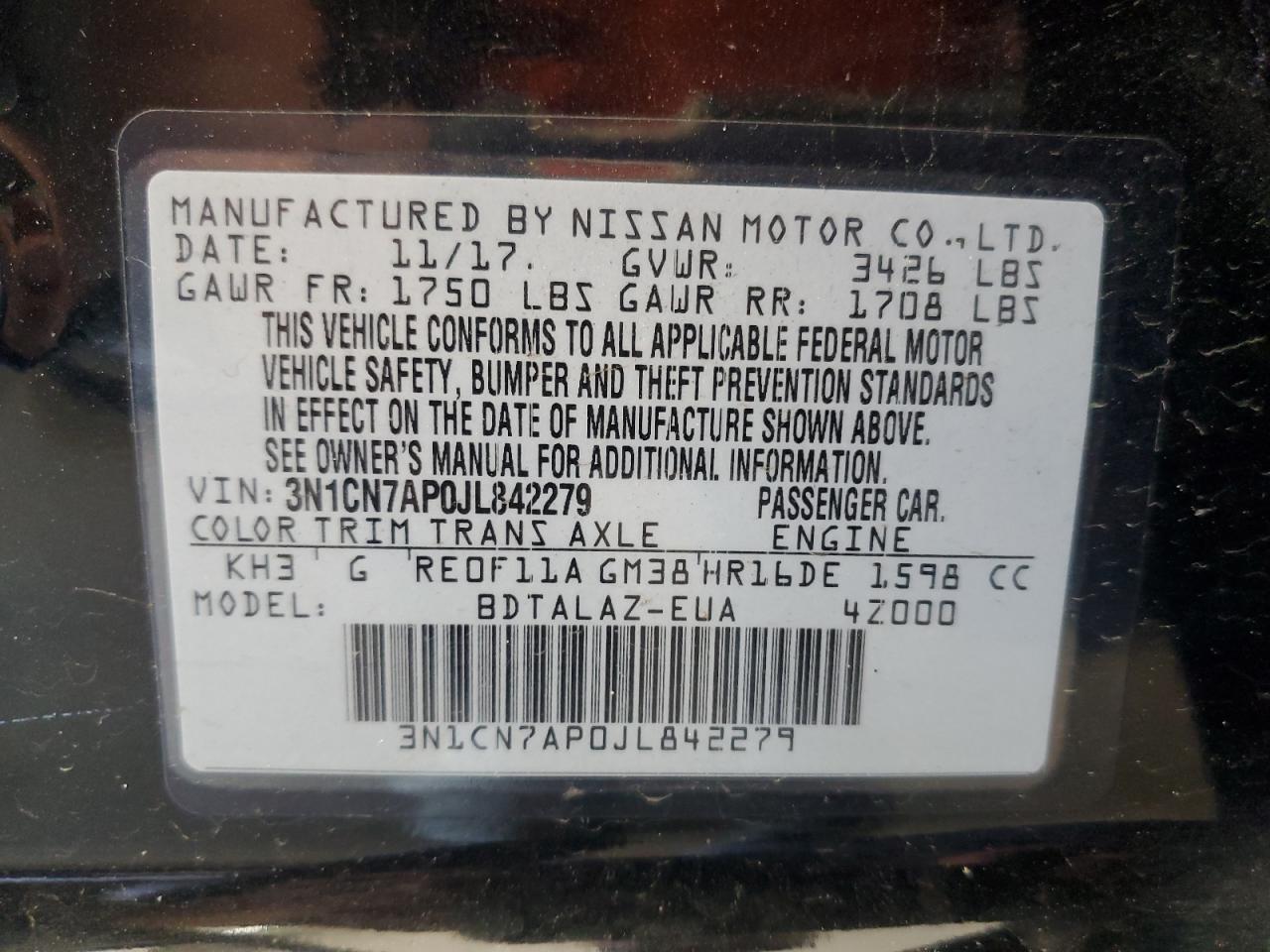 3N1CN7AP0JL842279 2018 Nissan Versa S