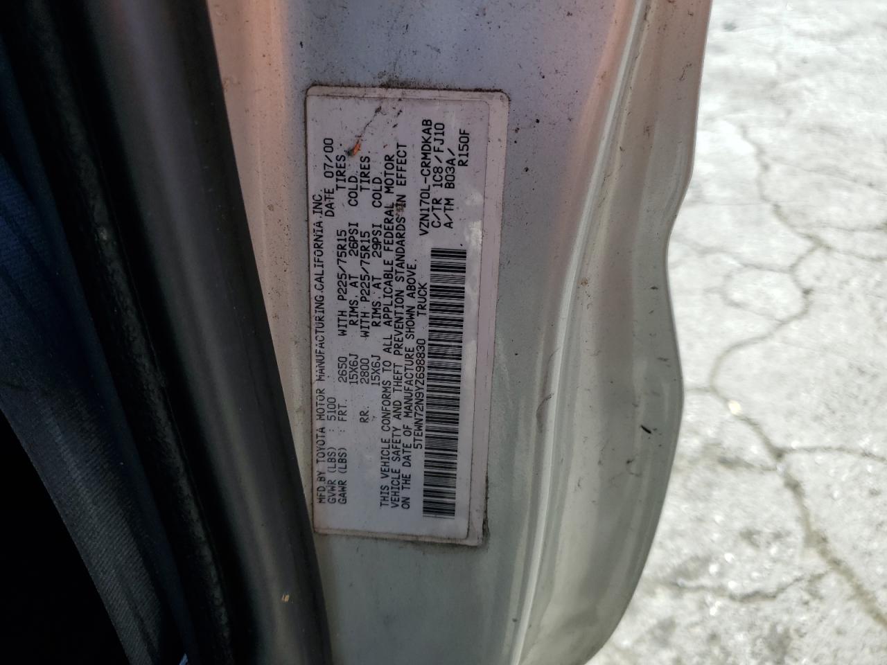 5TEWN72N9YZ698830 2000 Toyota Tacoma Xtracab