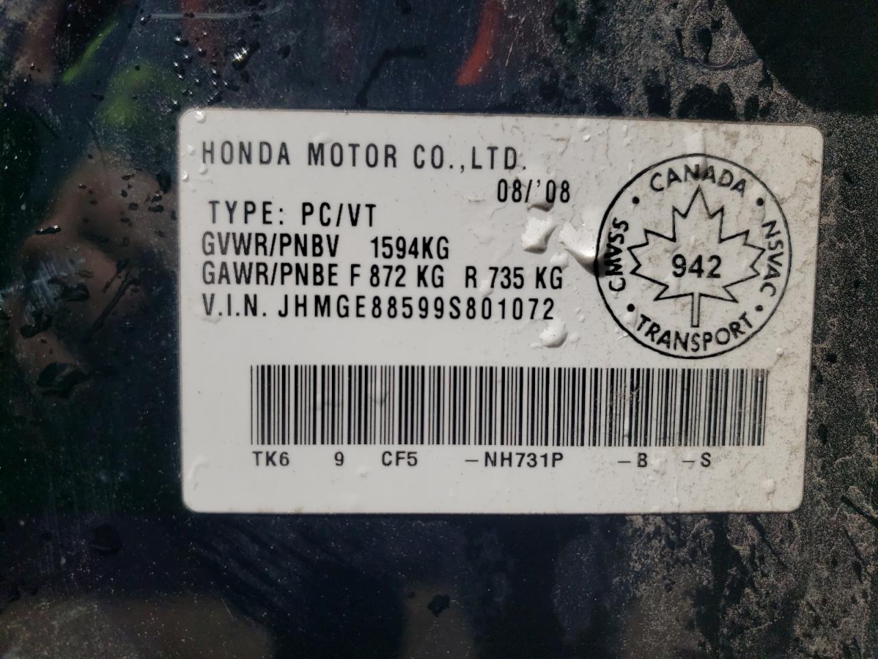 JHMGE88599S801072 2009 Honda Fit Lx