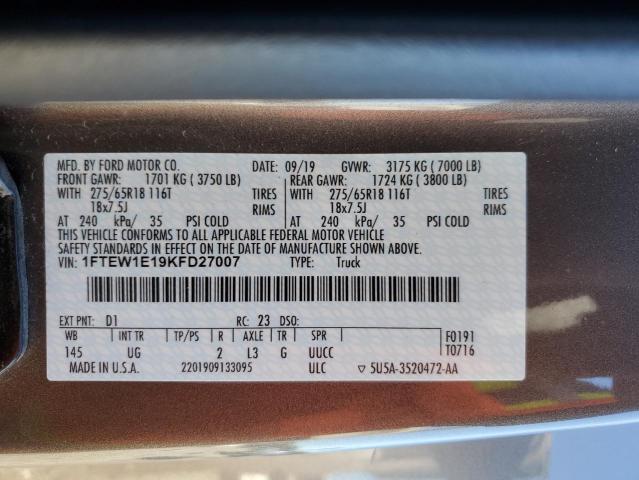 2019 Ford F150 Supercrew VIN: 1FTEW1E19KFD27007 Lot: 54433324