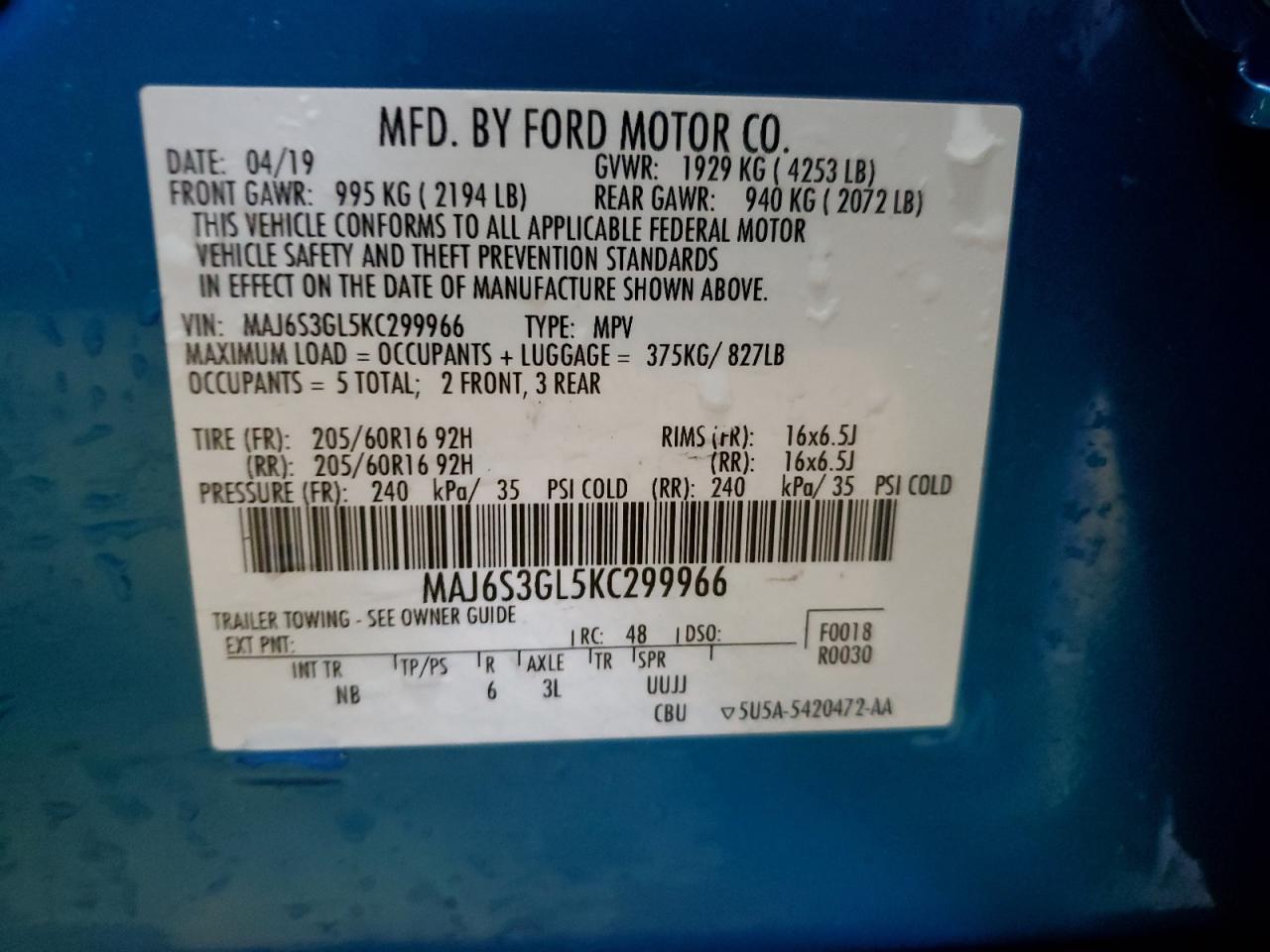 MAJ6S3GL5KC299966 2019 Ford Ecosport Se