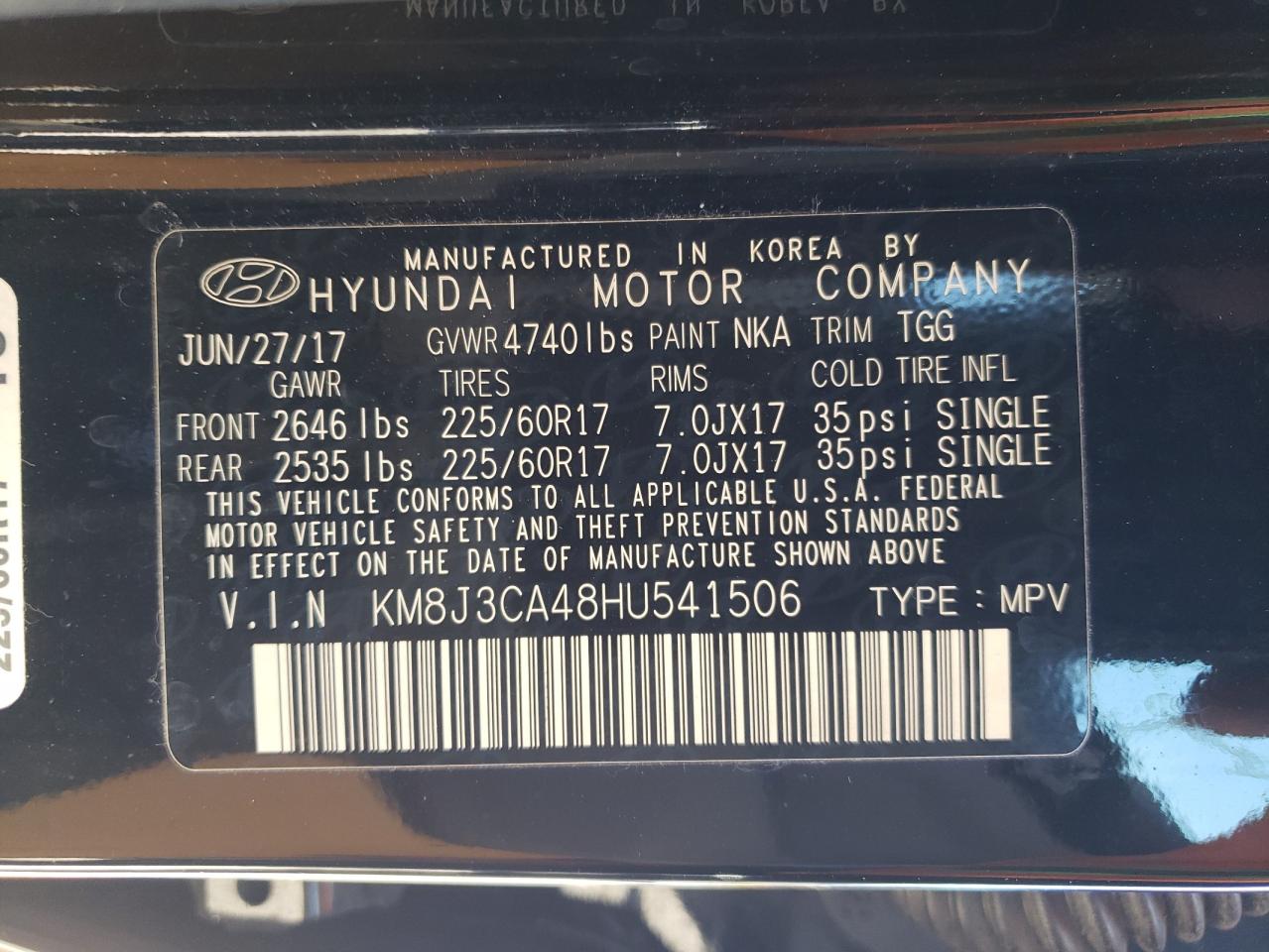 KM8J3CA48HU541506 2017 Hyundai Tucson Limited