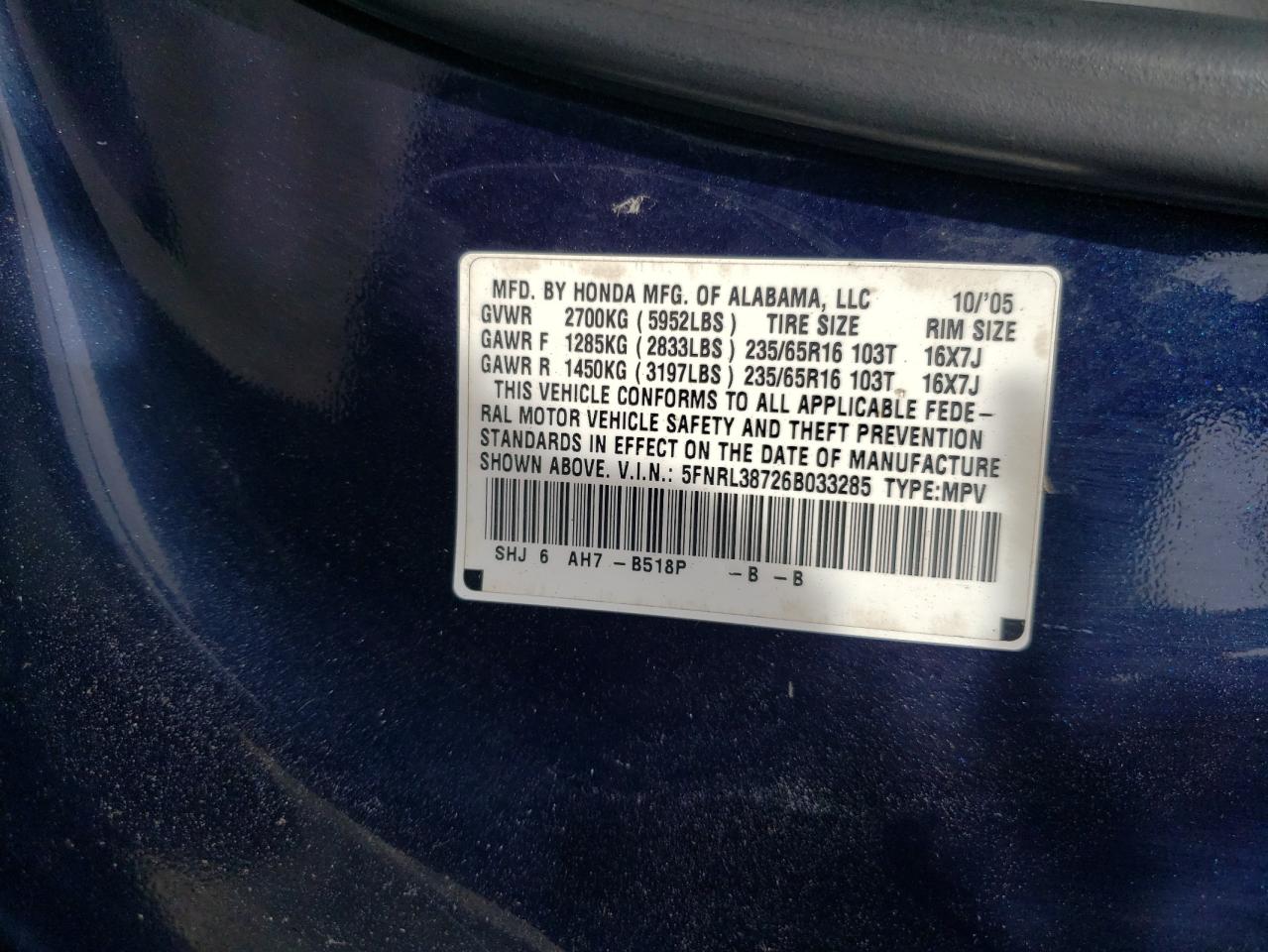 5FNRL38726B033285 2006 Honda Odyssey Exl