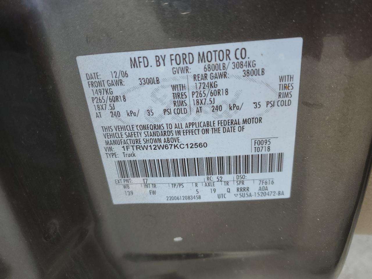 1FTRW12W67KC12560 2007 Ford F150 Supercrew