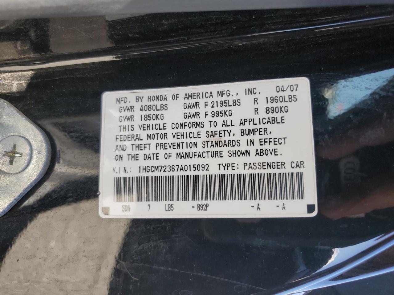 1HGCM72367A015092 2007 Honda Accord Lx