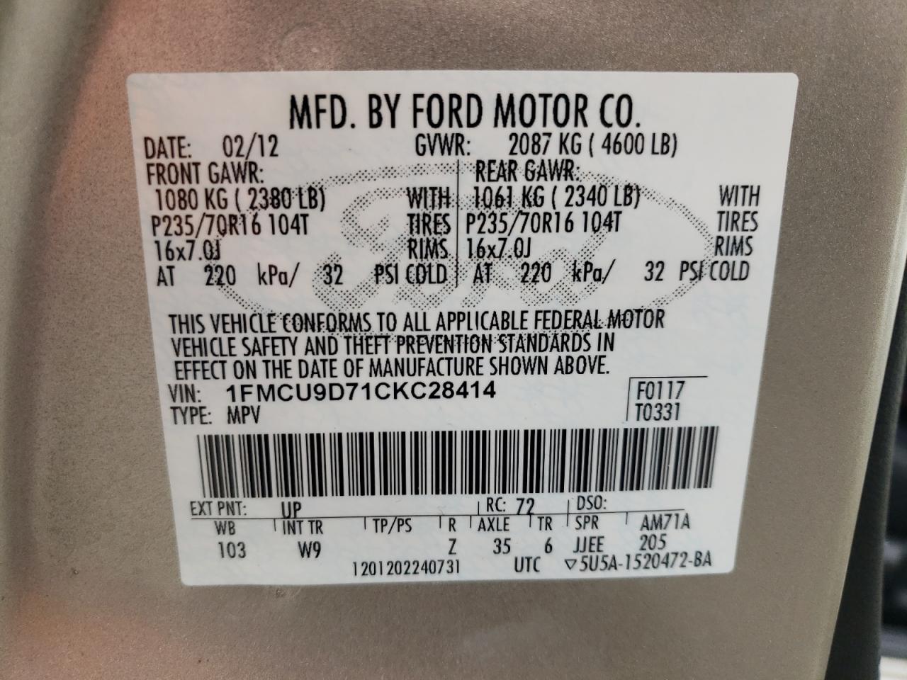 1FMCU9D71CKC28414 2012 Ford Escape Xlt