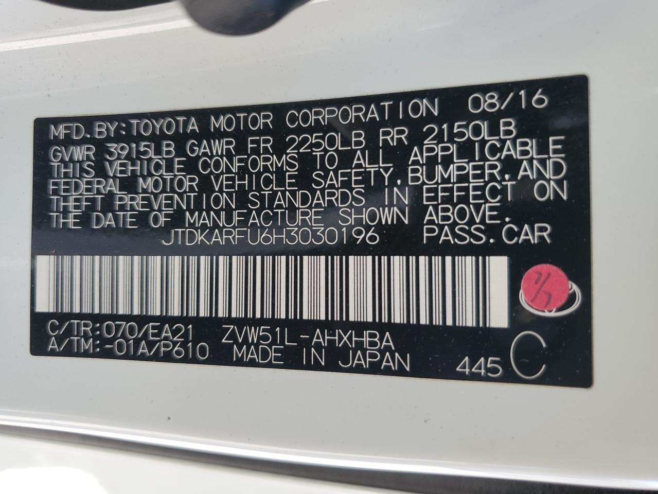 JTDKARFU6H3030196 2017 Toyota Prius