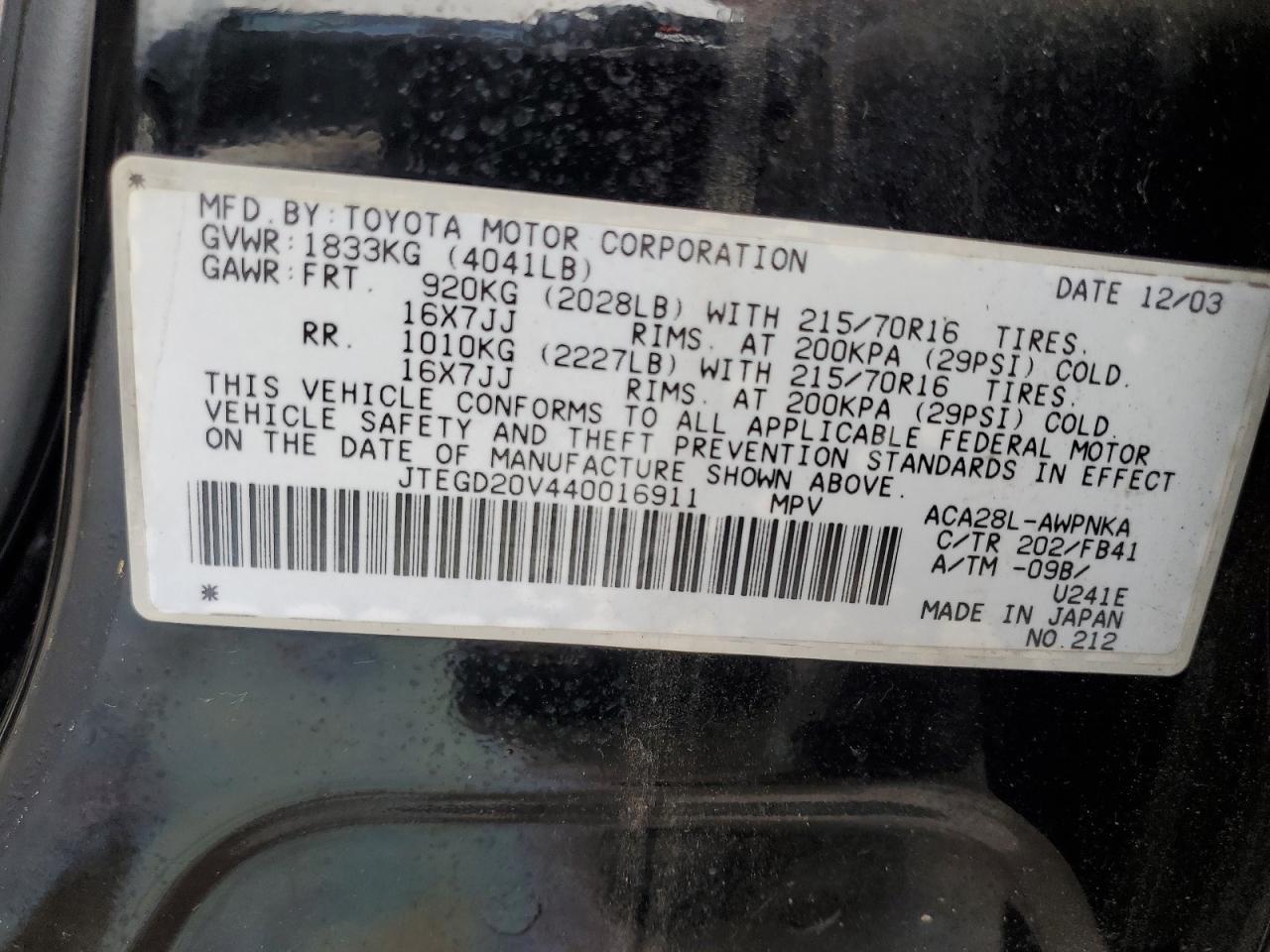 JTEGD20V440016911 2004 Toyota Rav4