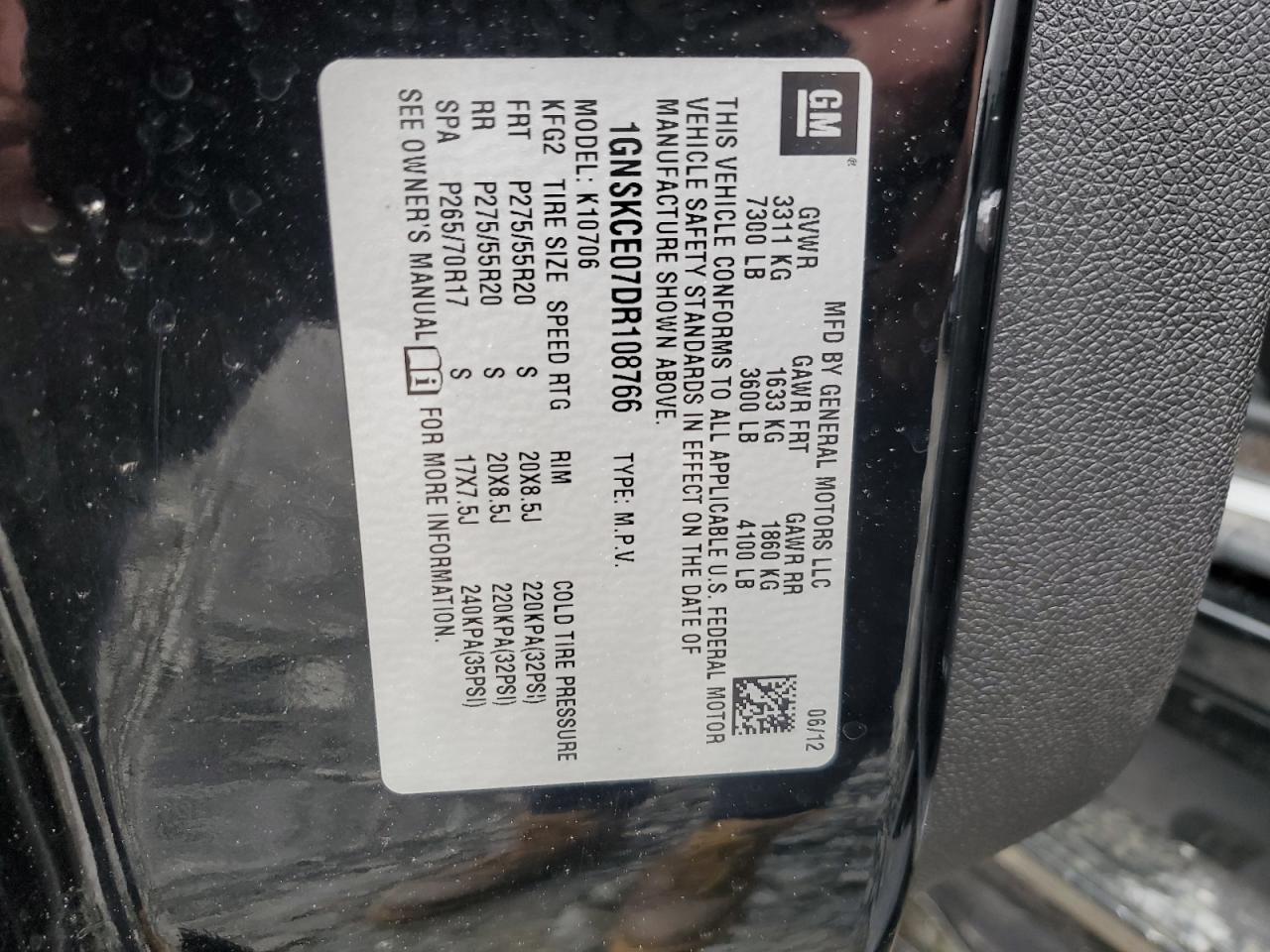 1GNSKCE07DR108766 2013 Chevrolet Tahoe K1500 Ltz