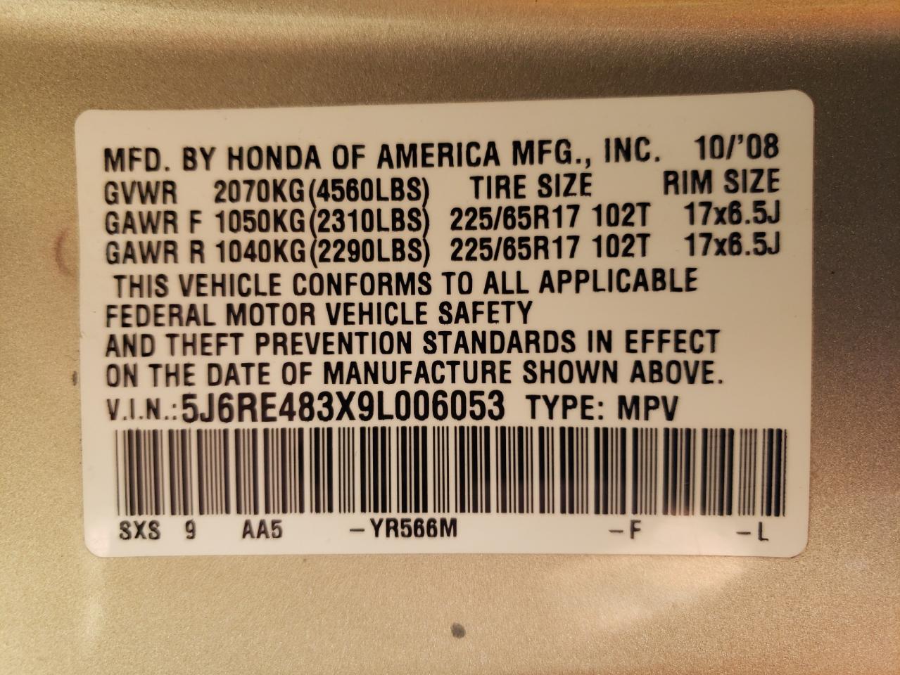 5J6RE483X9L006053 2009 Honda Cr-V Lx