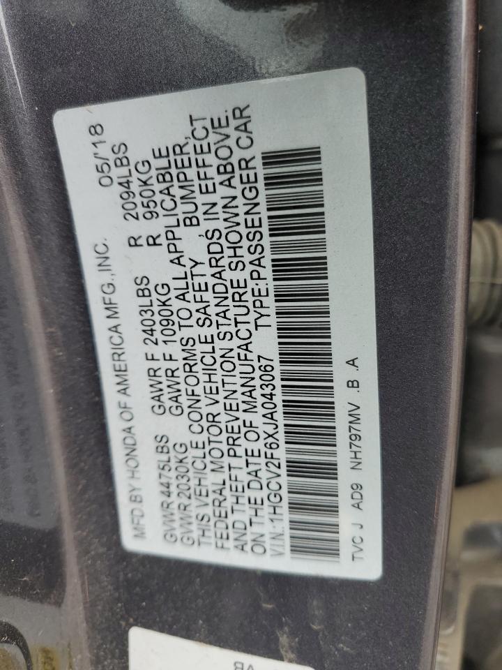 2018 Honda Accord Exl vin: 1HGCV2F6XJA043067