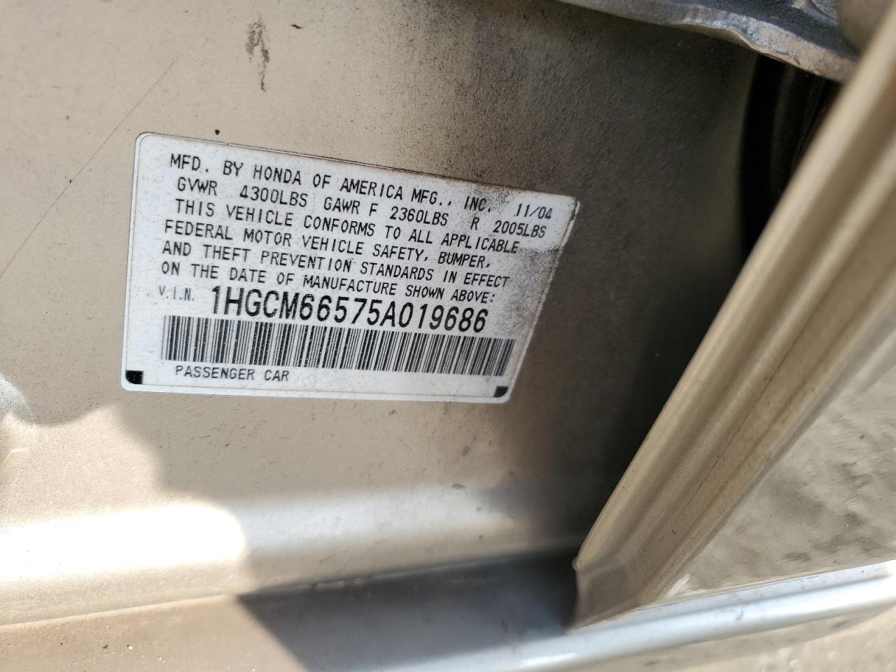 1HGCM66575A019686 2005 Honda Accord Ex