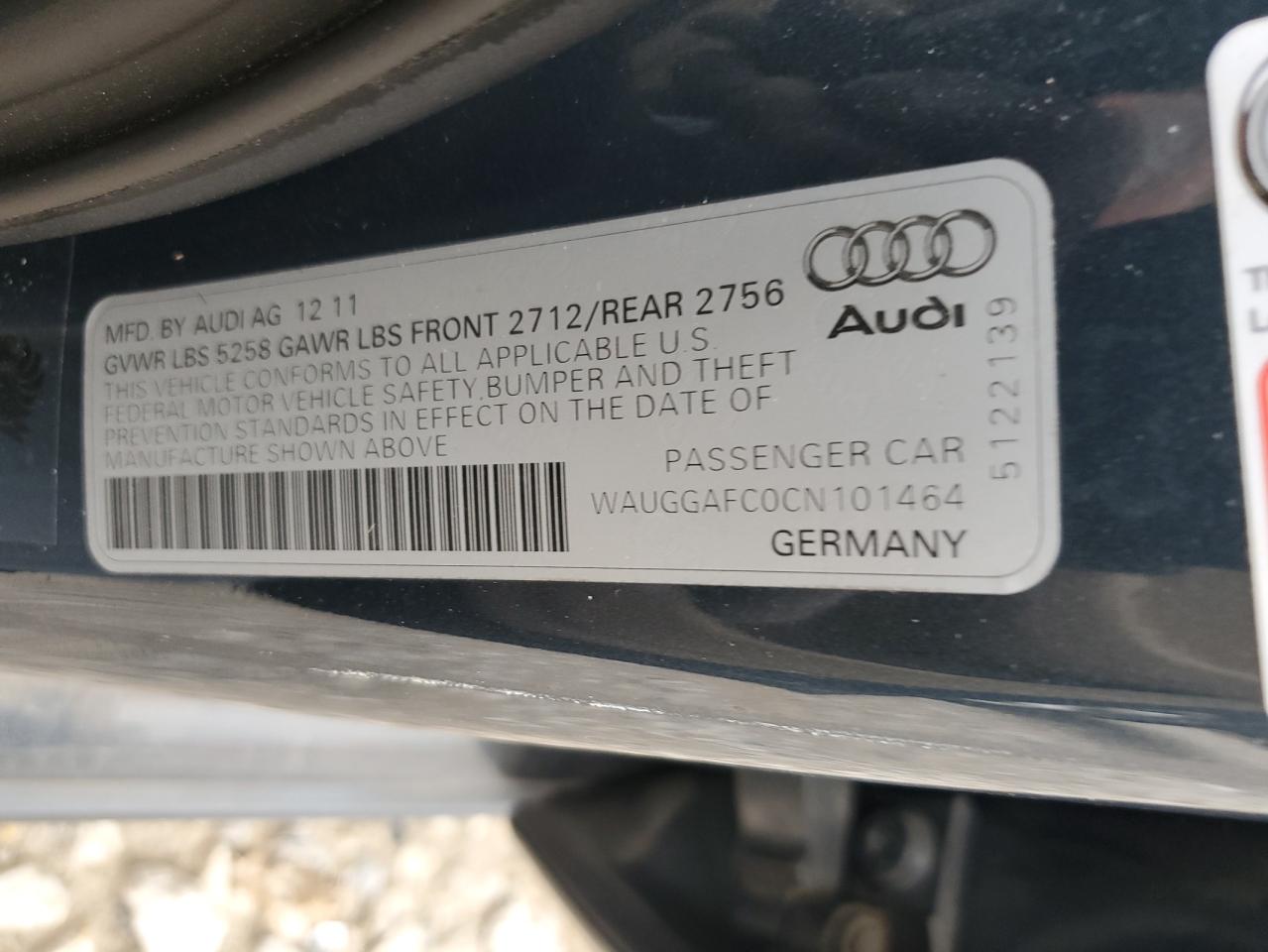 WAUGGAFC0CN101464 2012 Audi A6 Premium Plus