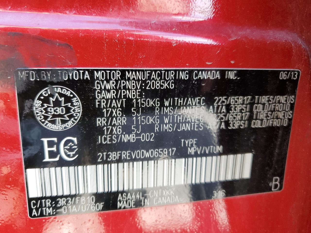 2T3BFREV0DW065917 2013 Toyota Rav4 Le