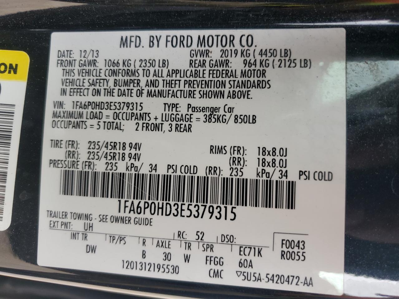 1FA6P0HD3E5379315 2014 Ford Fusion Se