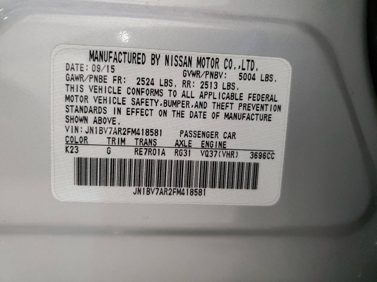 JN1BV7AR2FM418581 2015 Infiniti Q50 Base