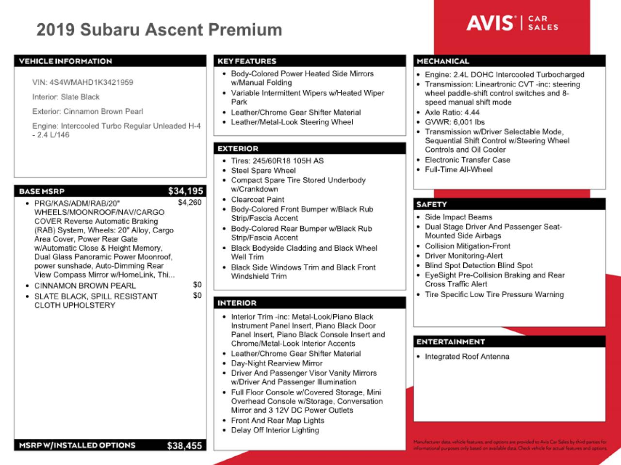 4S4WMAHD1K3421959 2019 Subaru Ascent Premium