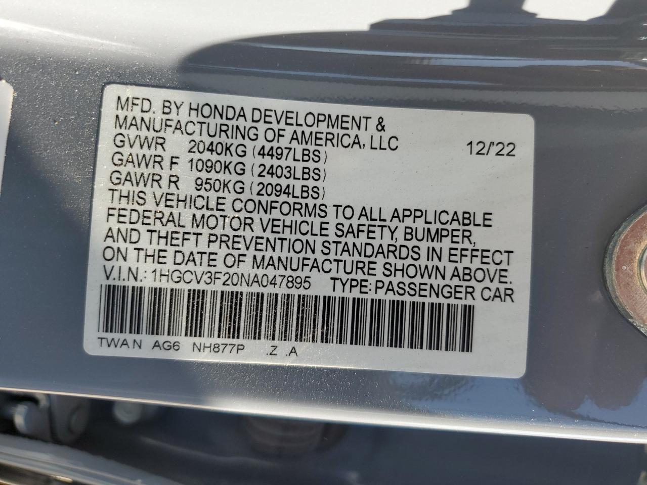 1HGCV3F20NA047895 2022 Honda Accord Hybrid Sport