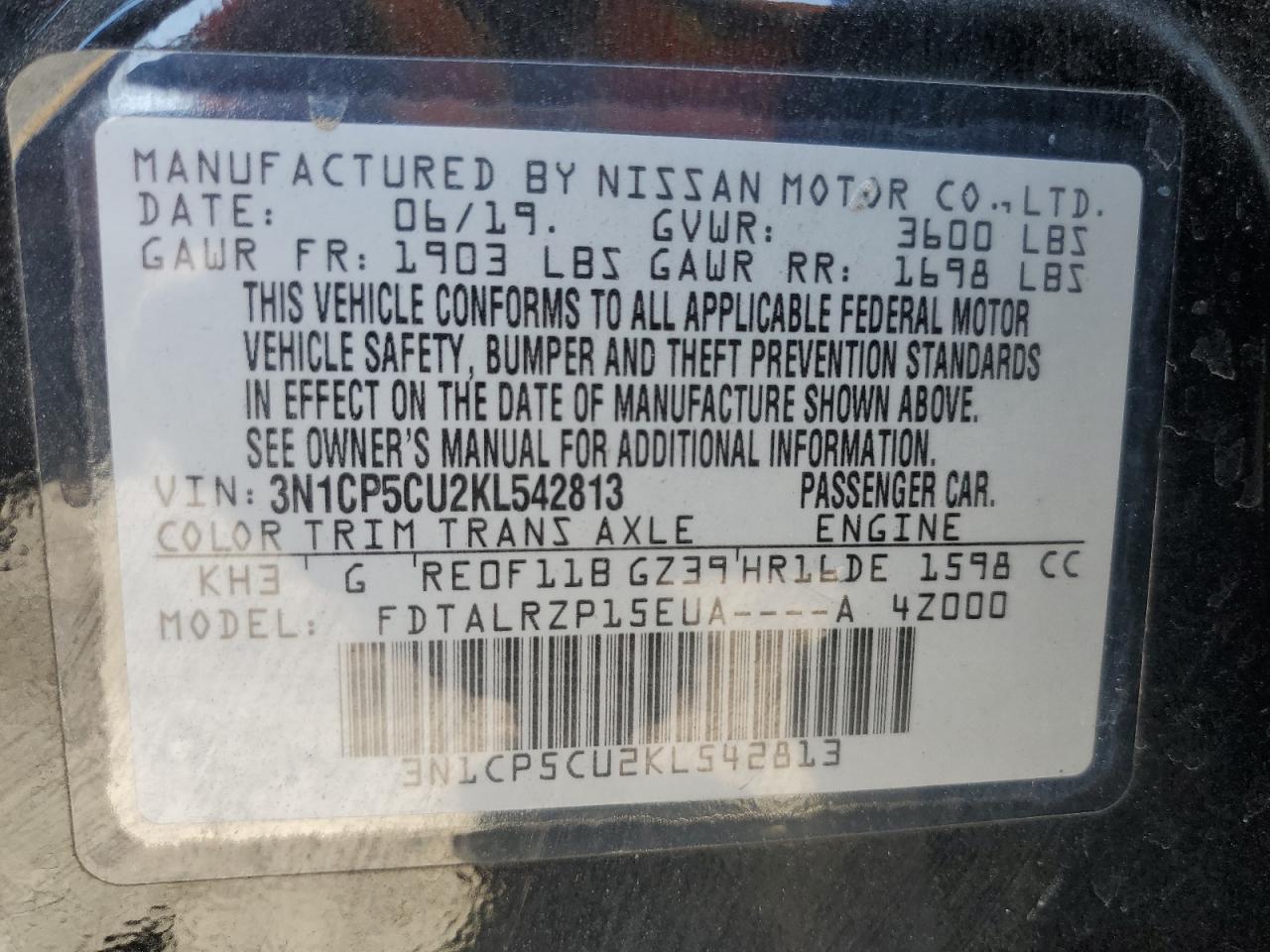 3N1CP5CU2KL542813 2019 Nissan Kicks S