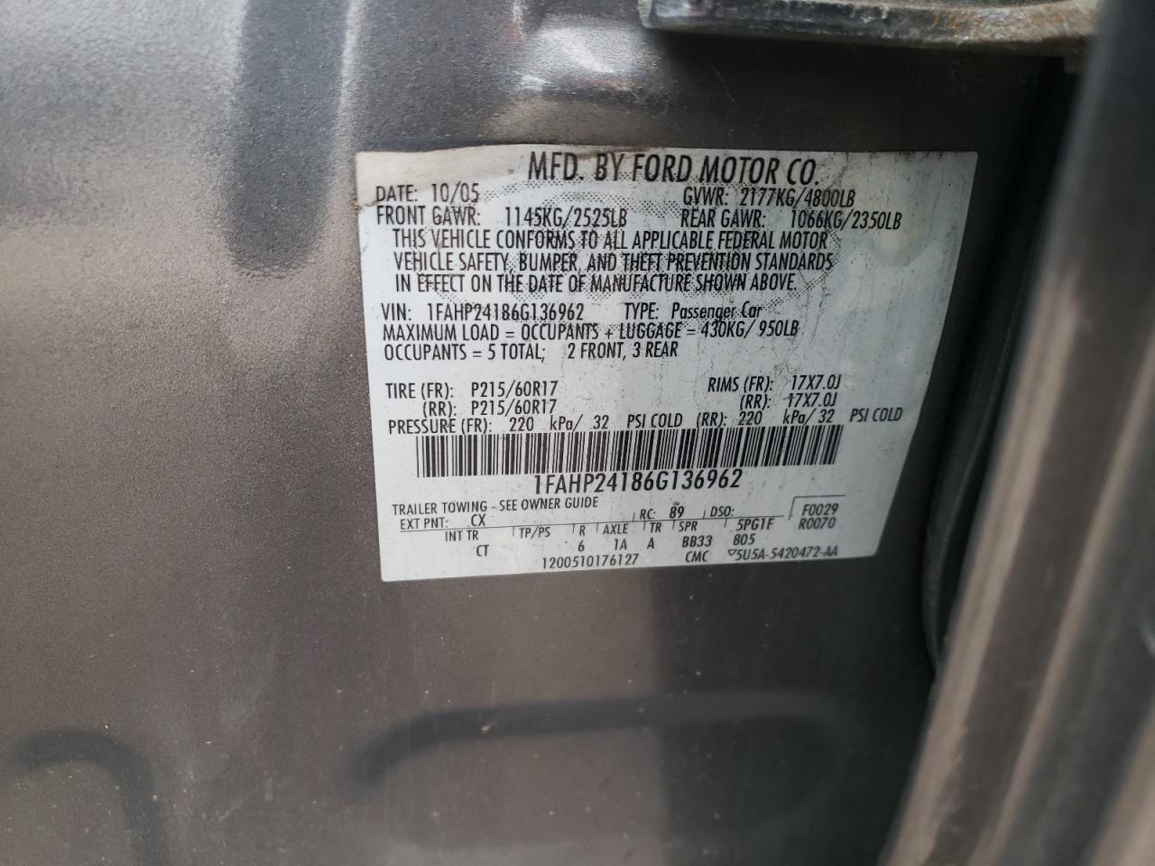 1FAHP24186G136962 2006 Ford Five Hundred Sel