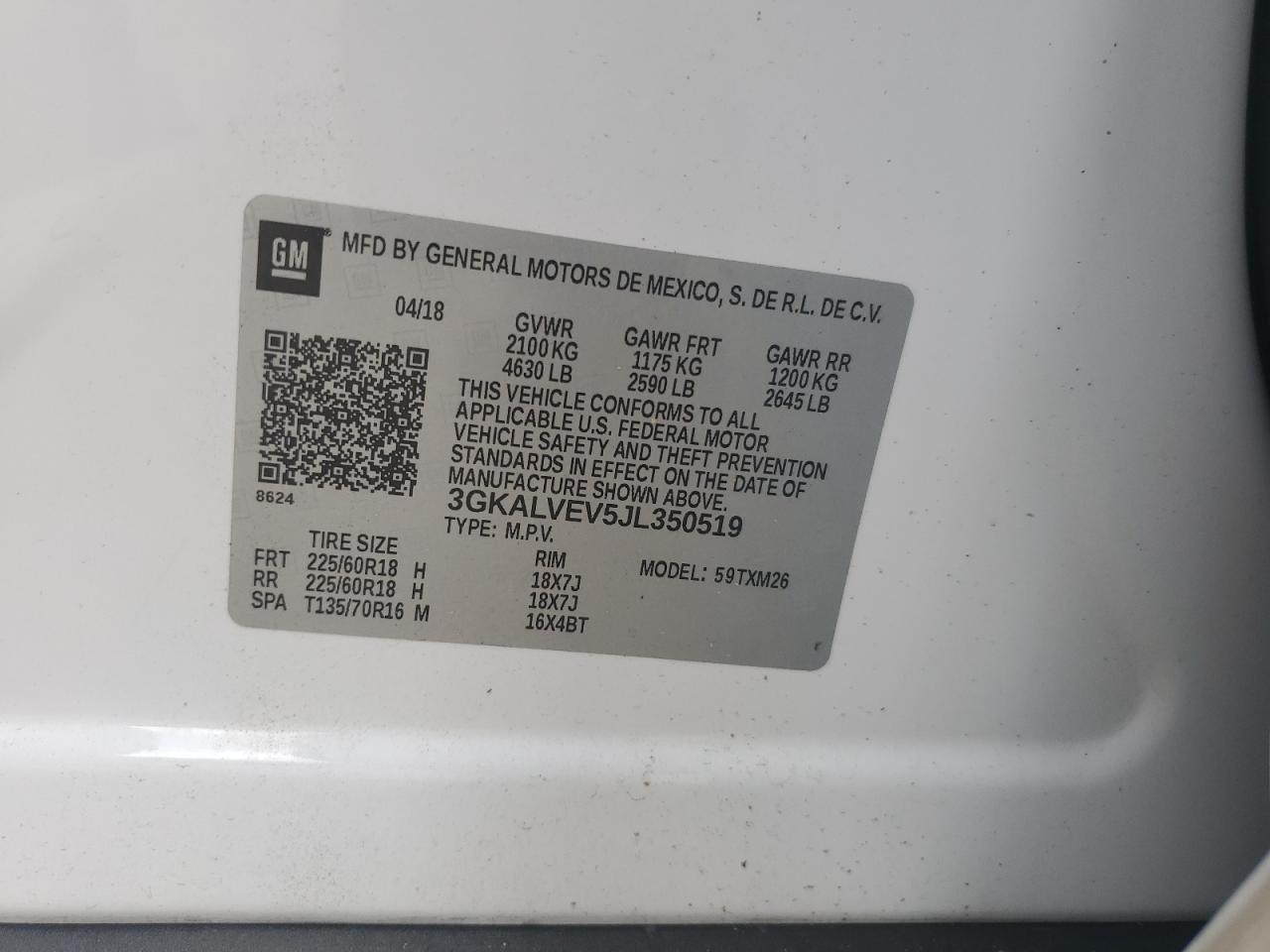 3GKALVEV5JL350519 2018 GMC Terrain Slt