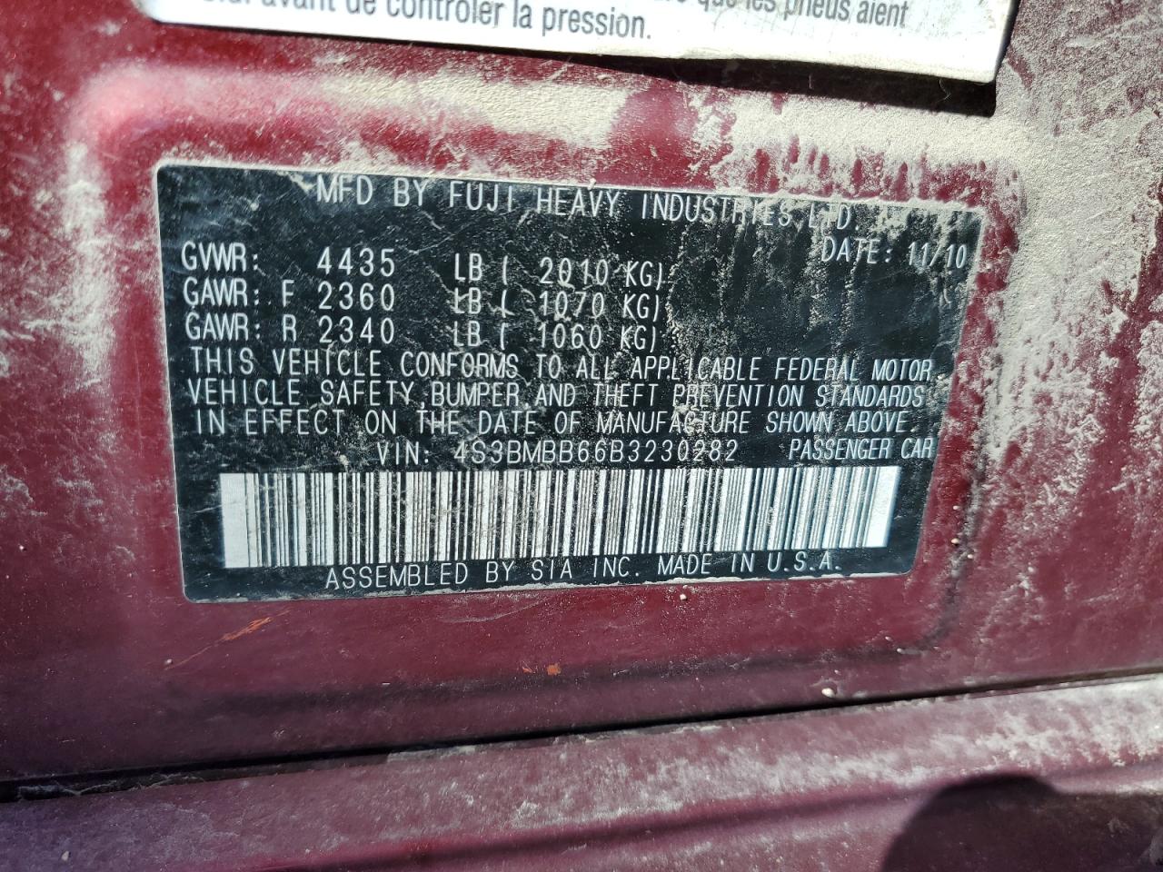 4S3BMBB66B3230282 2011 Subaru Legacy 2.5I Premium