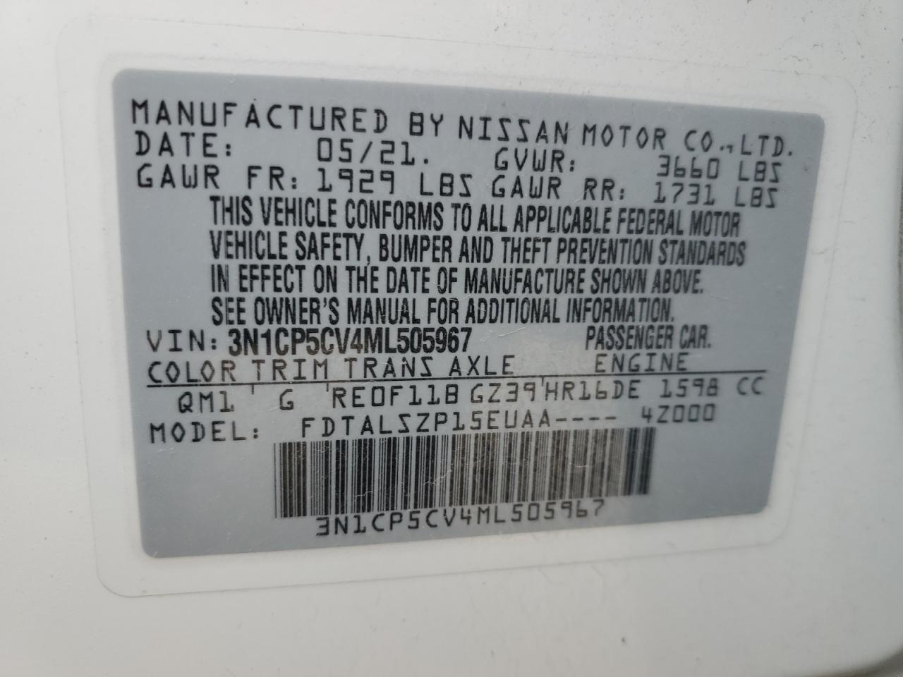 3N1CP5CV4ML505967 2021 Nissan Kicks Sv