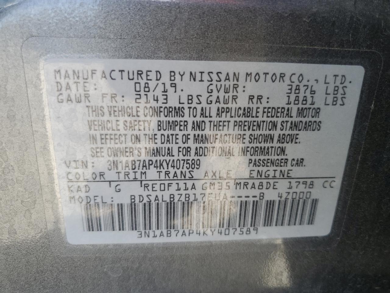 3N1AB7AP4KY407589 2019 Nissan Sentra S