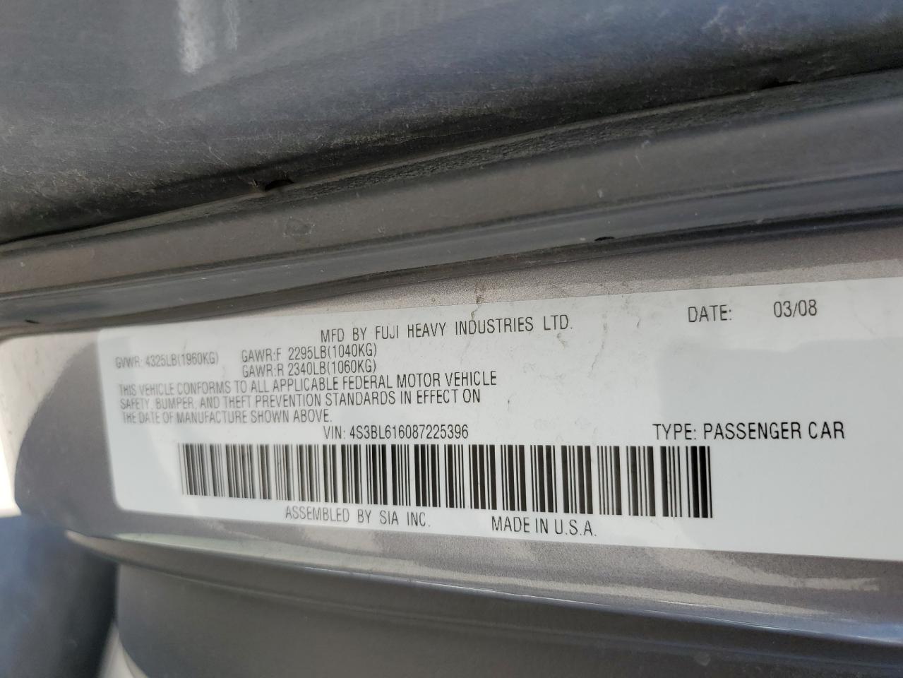 4S3BL616087225396 2008 Subaru Legacy 2.5I