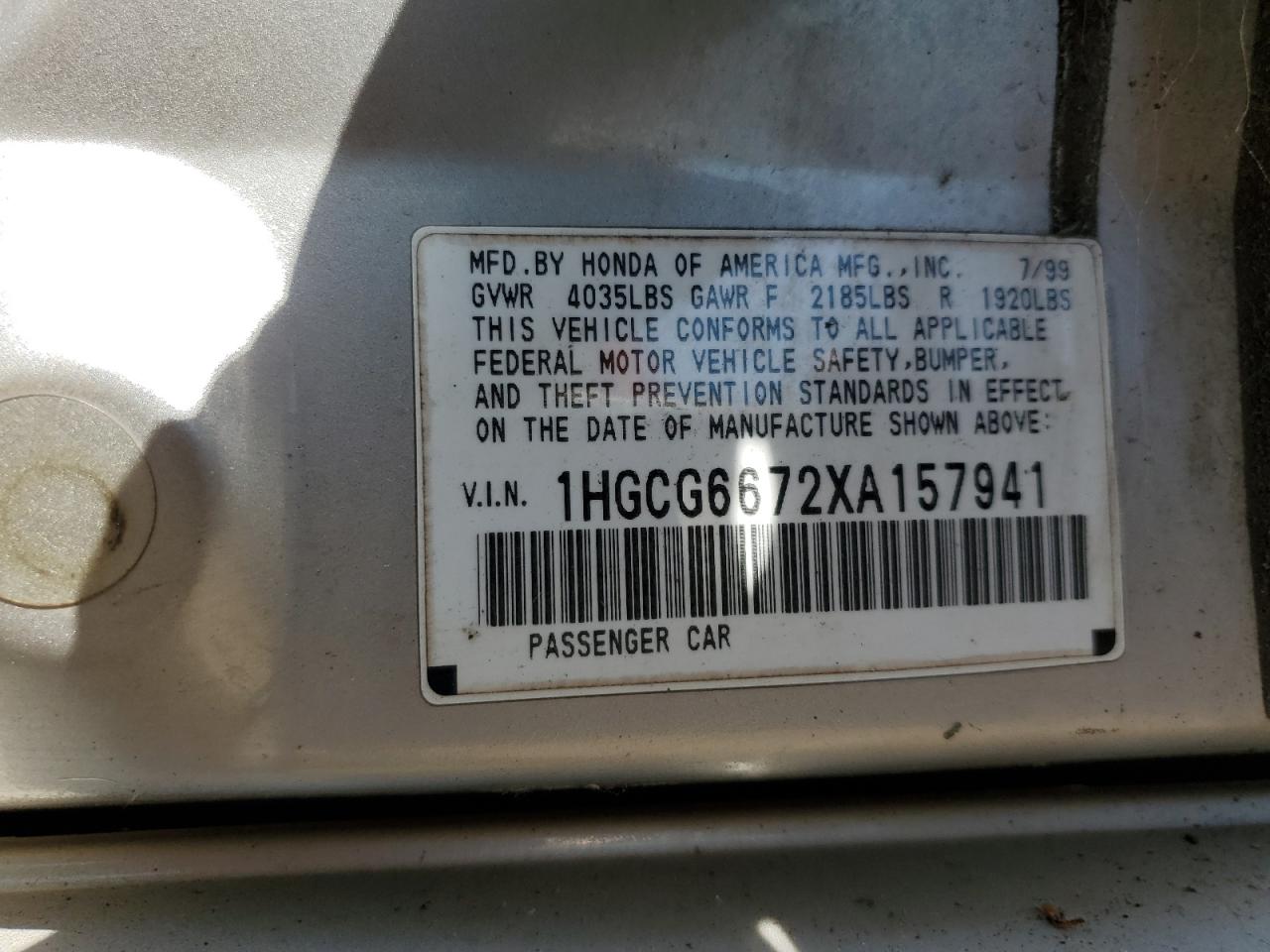 1HGCG6672XA157941 1999 Honda Accord Ex