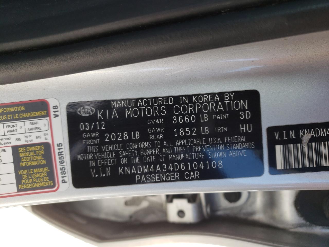 2013 Kia Rio Lx vin: KNADM4A34D6104108