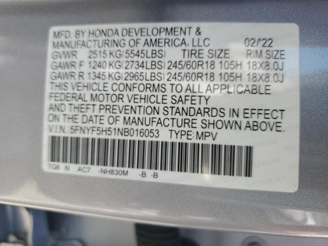 2022 Honda Pilot Exl VIN: 5FNYF5H51NB016053 Lot: 55005604