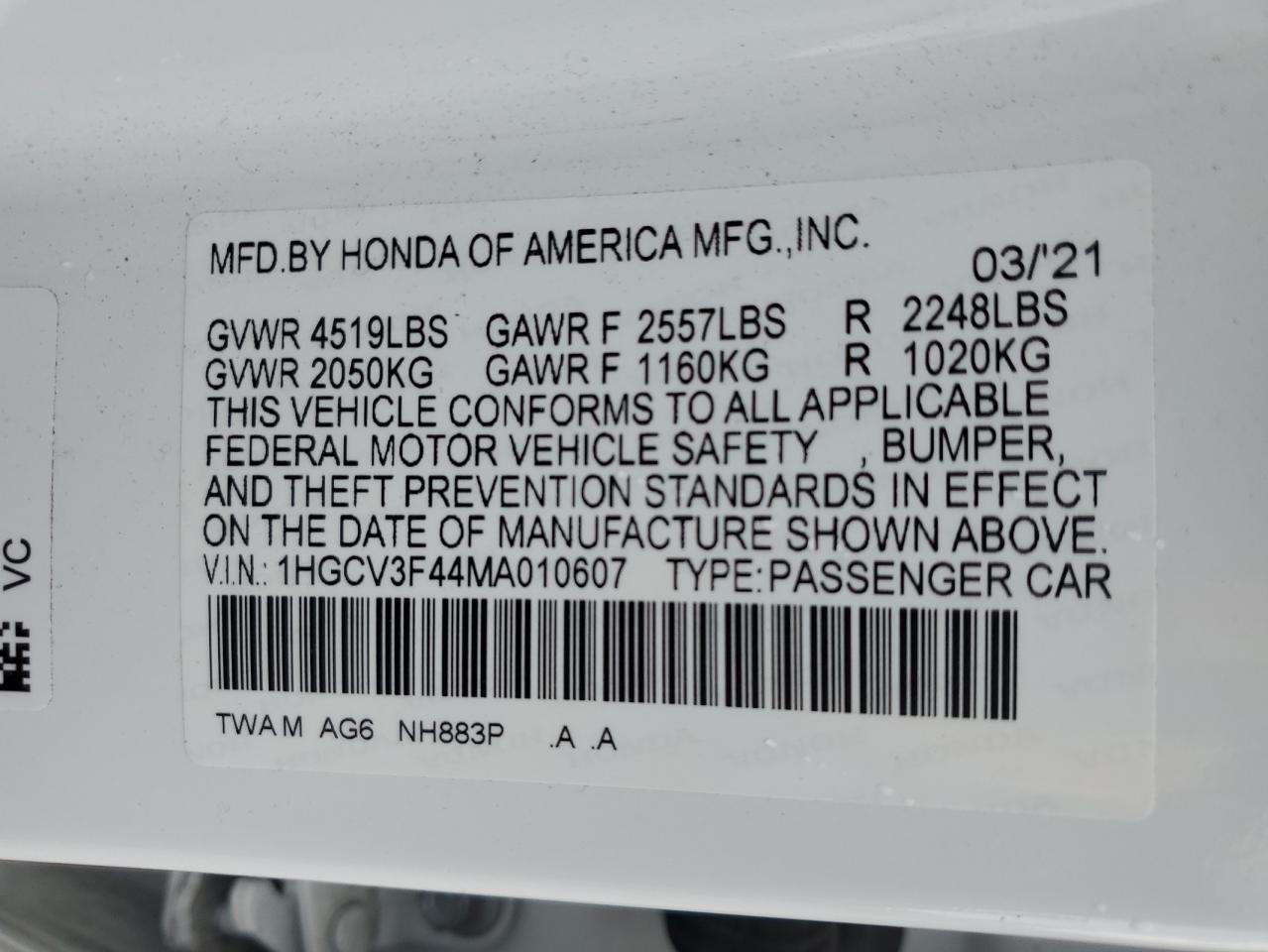 1HGCV3F44MA010607 2021 Honda Accord Hybrid Ex