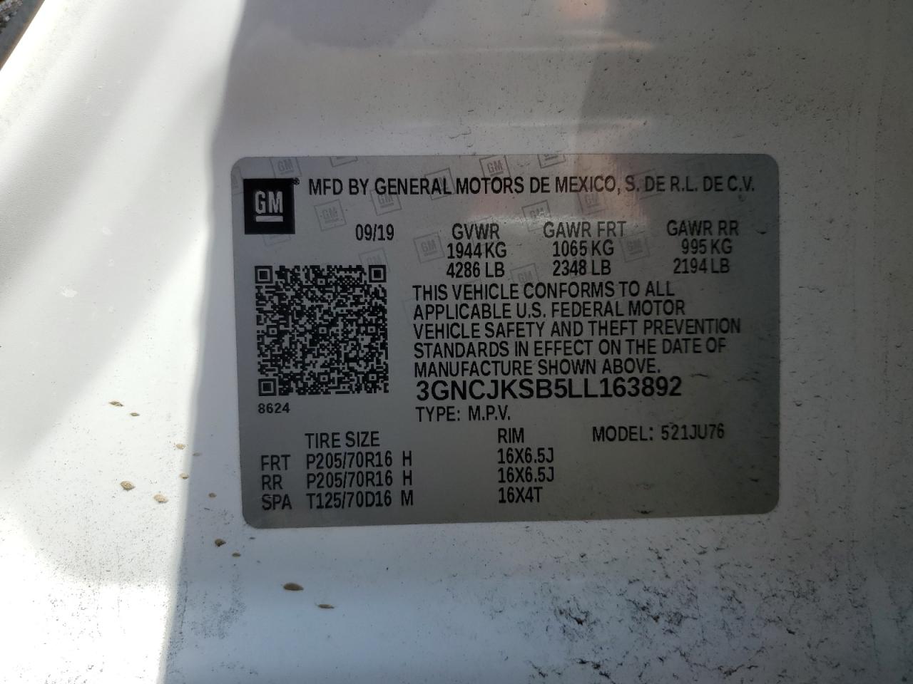 3GNCJKSB5LL163892 2020 Chevrolet Trax Ls