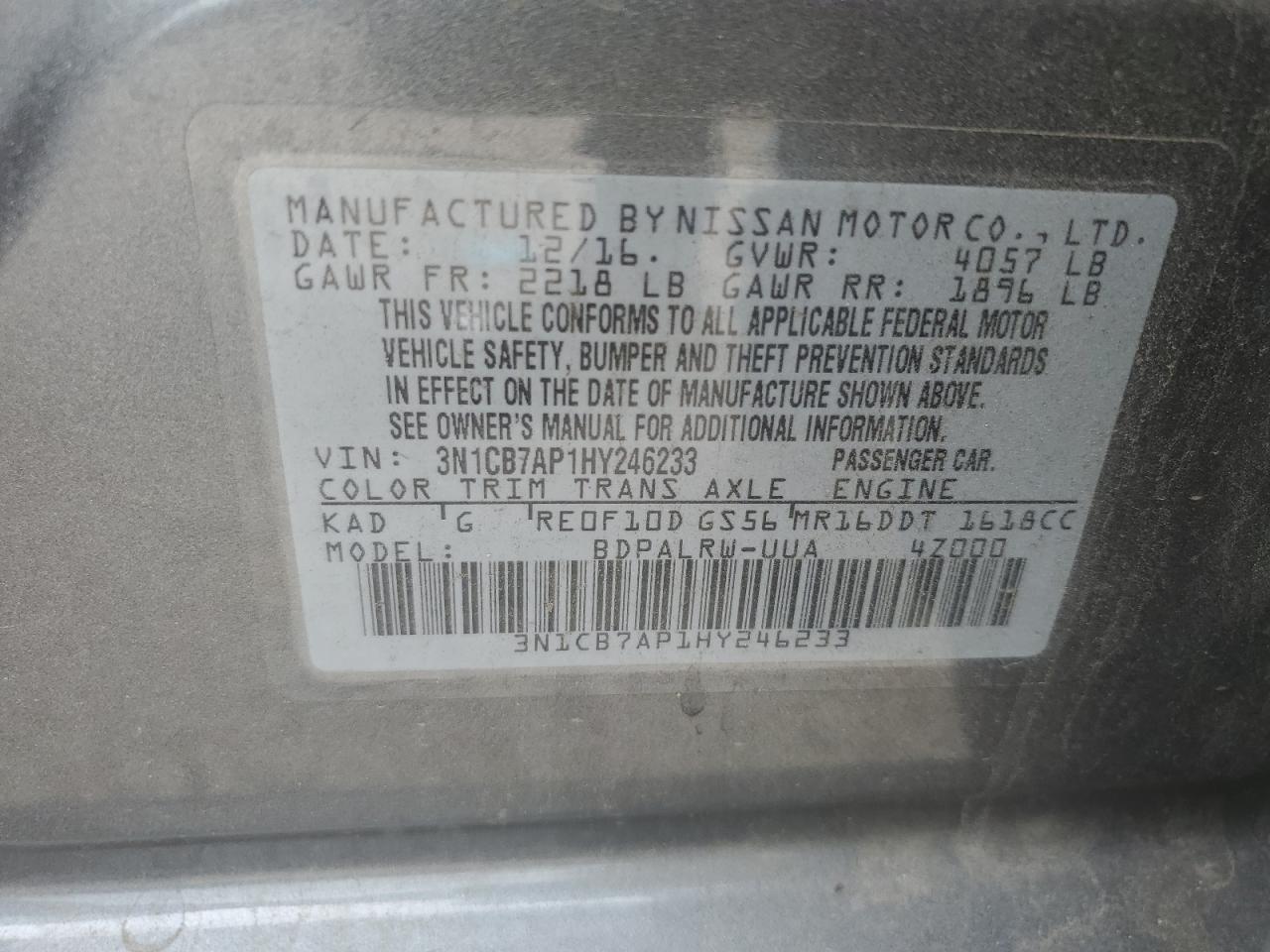 3N1CB7AP1HY246233 2017 Nissan Sentra Sr Turbo