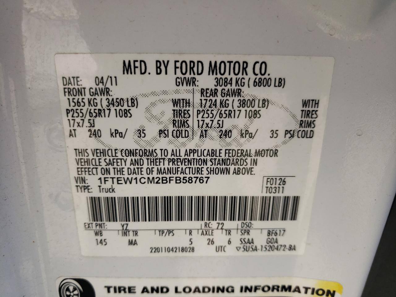 1FTEW1CM2BFB58767 2011 Ford F150 Supercrew