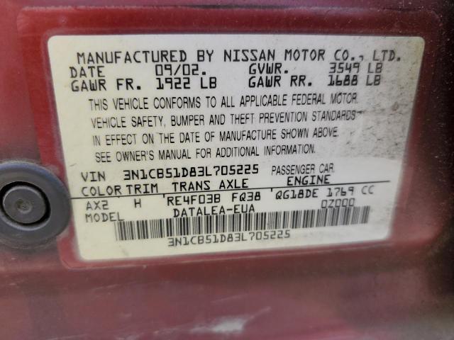 2003 Nissan Sentra Xe VIN: 3N1CB51D83L705225 Lot: 54777514