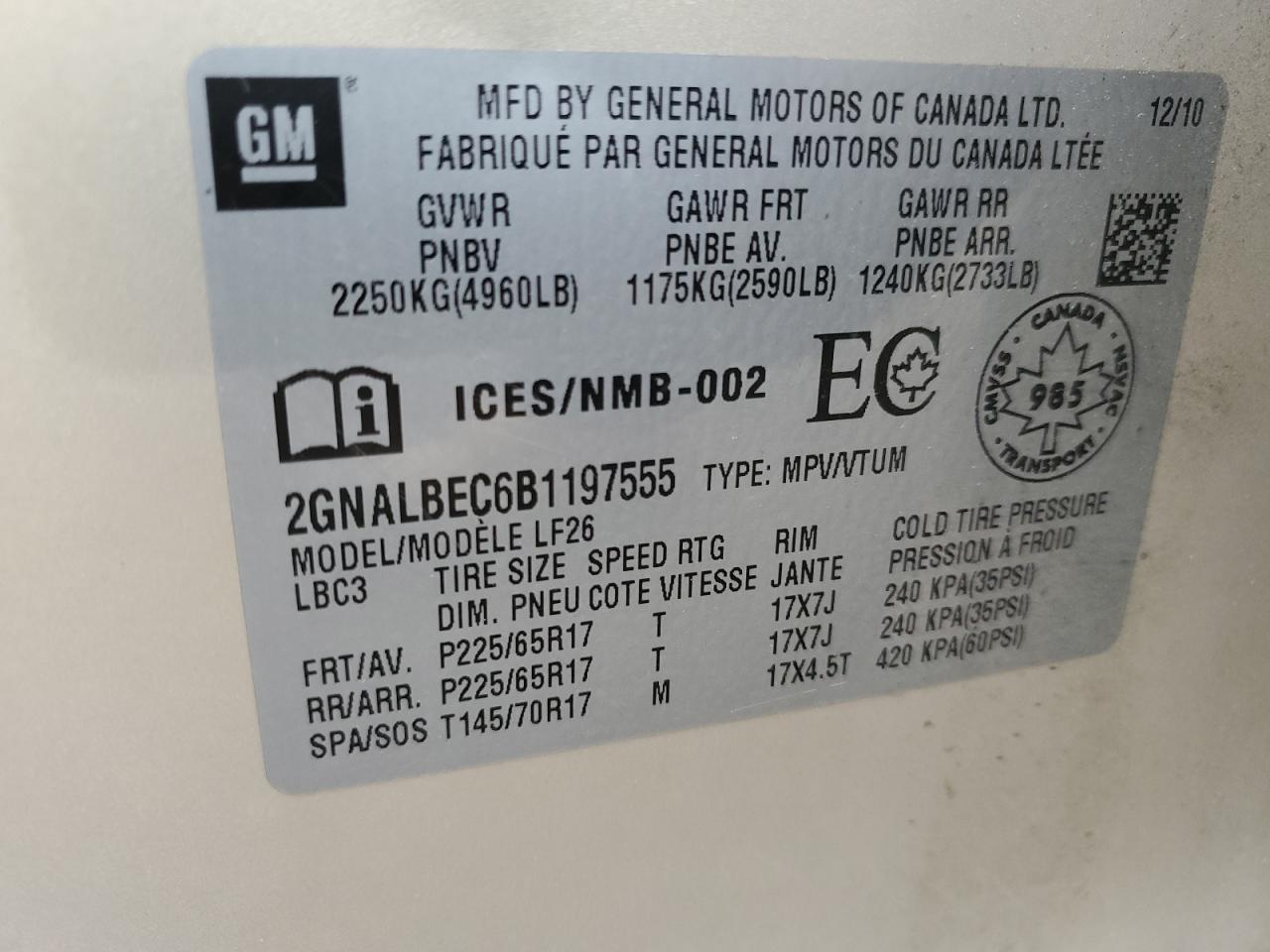 2GNALBEC6B1197555 2011 Chevrolet Equinox Ls