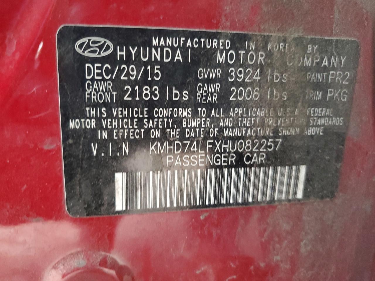 KMHD74LFXHU082257 2017 Hyundai Elantra Se