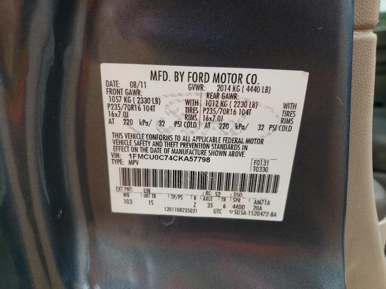 1FMCU0C74CKA57798 2012 Ford Escape Xls