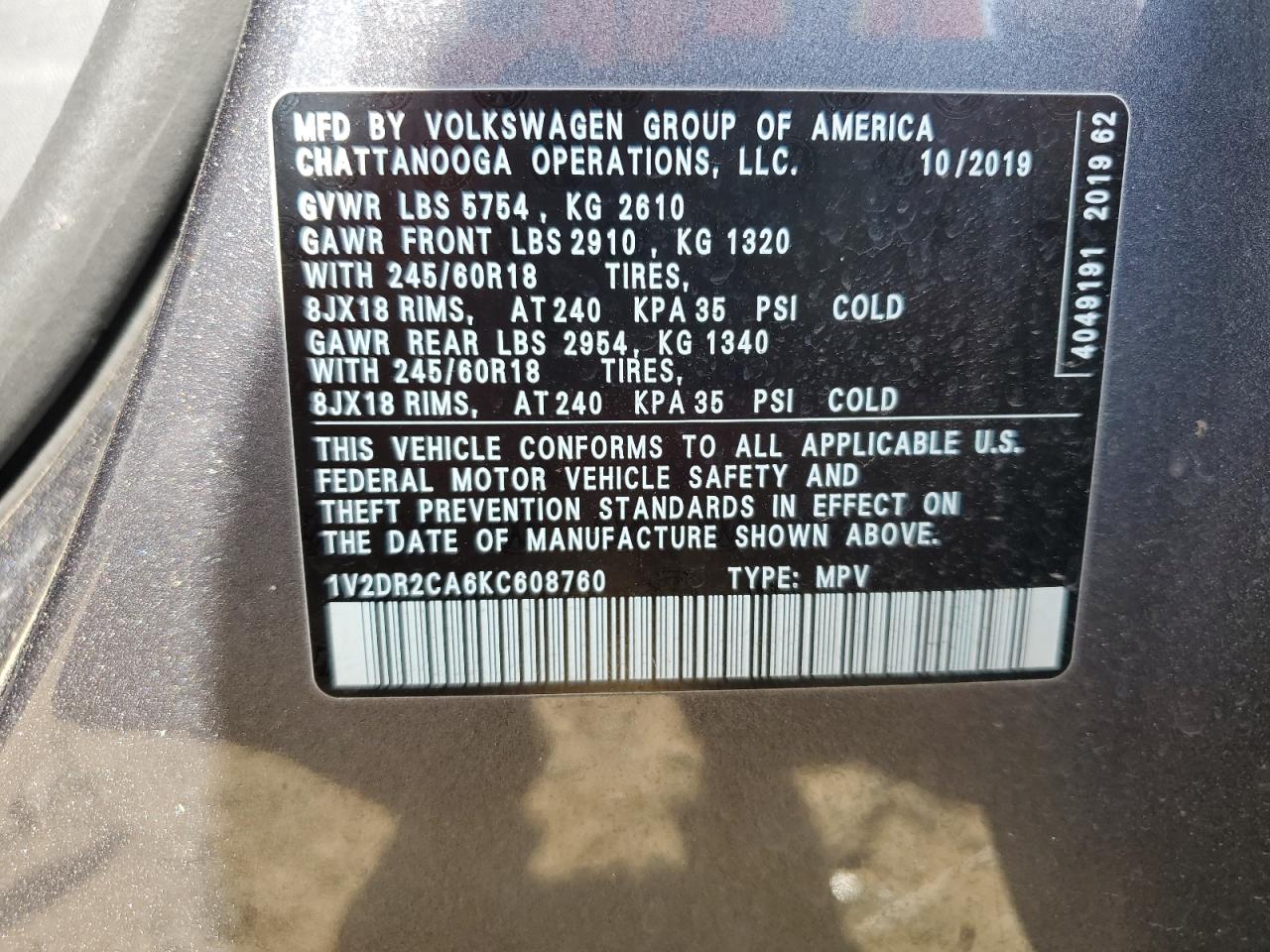 1V2DR2CA6KC608760 2019 Volkswagen Atlas Se