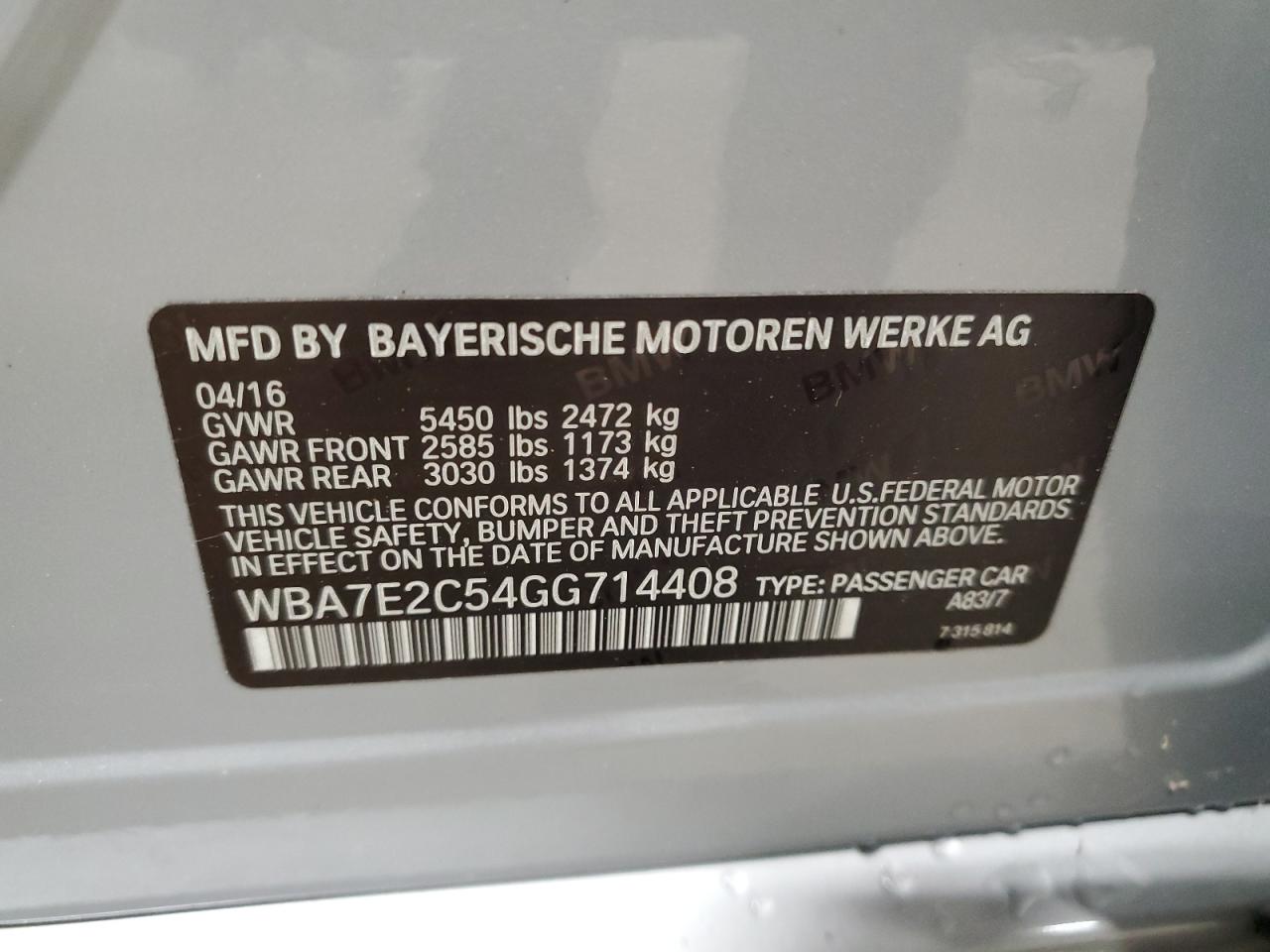 WBA7E2C54GG714408 2016 BMW 740 I