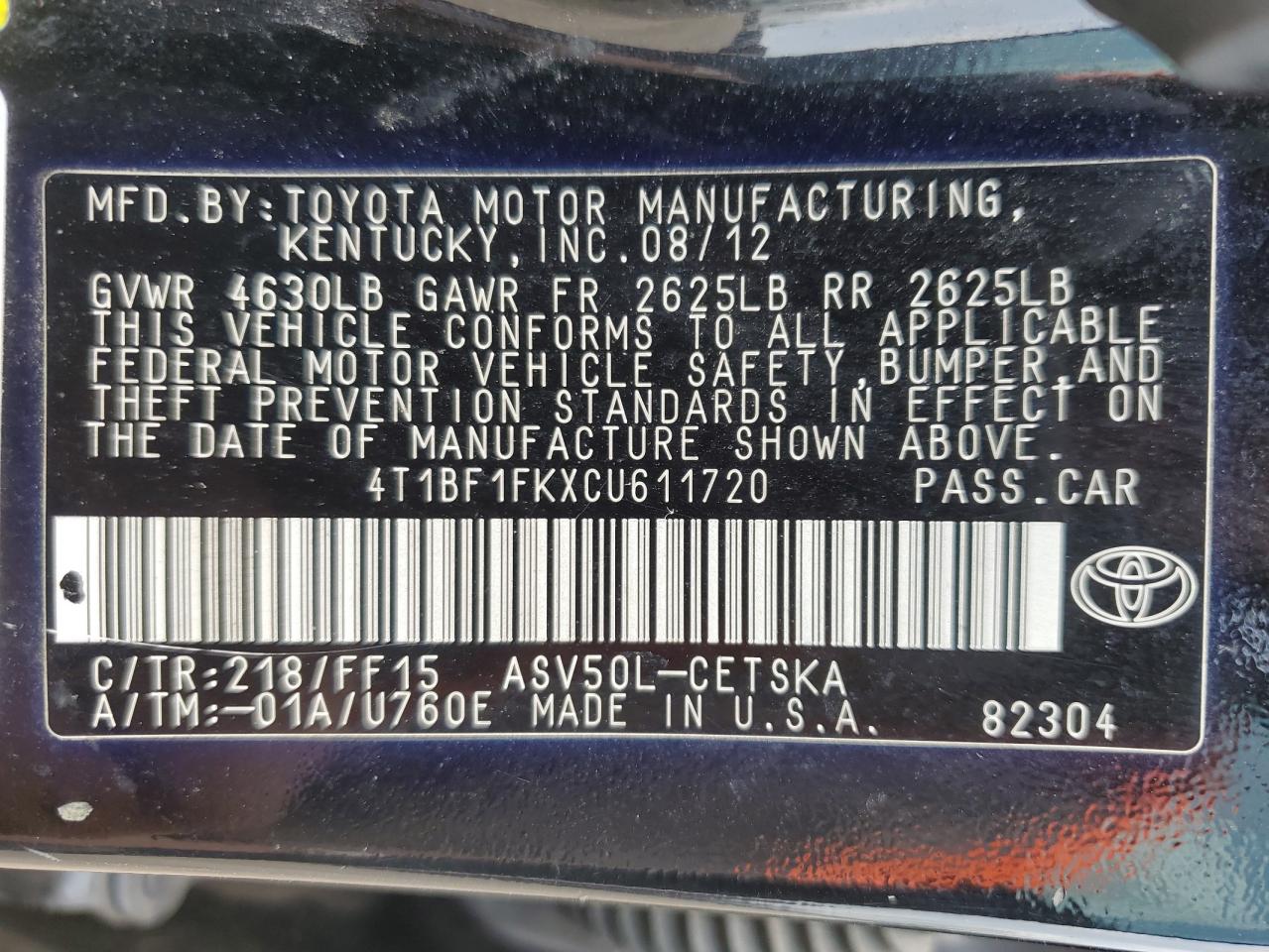 4T1BF1FKXCU611720 2012 Toyota Camry Base