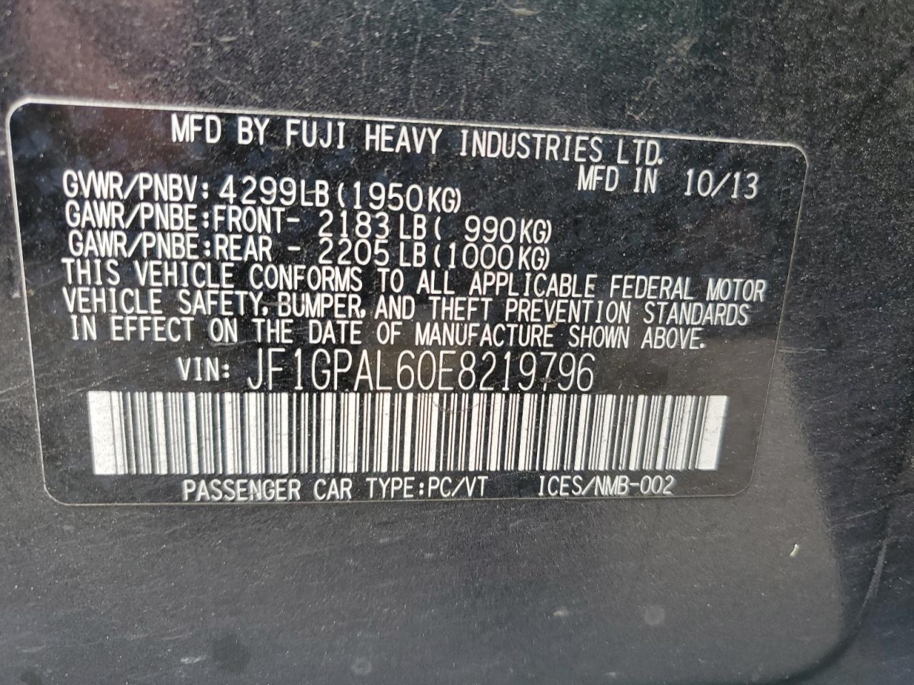 JF1GPAL60E8219796 2014 Subaru Impreza Sport Premium