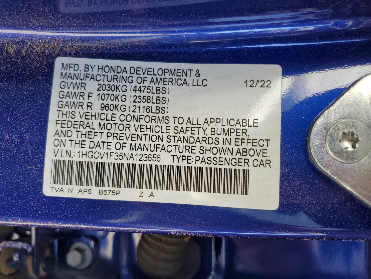 1HGCV1F35NA123656 2022 Honda Accord Sport