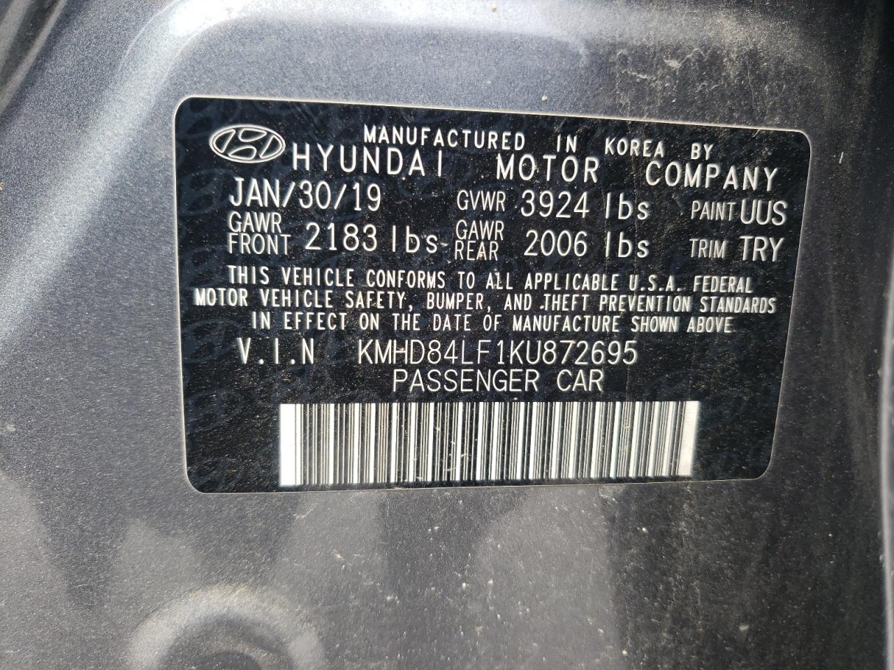 KMHD84LF1KU872695 2019 Hyundai Elantra Sel