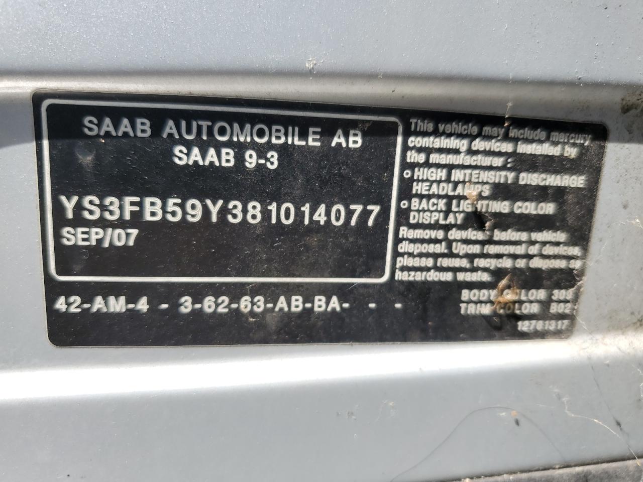 YS3FB59Y381014077 2008 Saab 9-3 2.0T