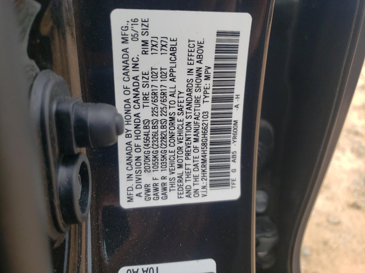 2HKRM4H58GH662103 2016 Honda Cr-V Ex