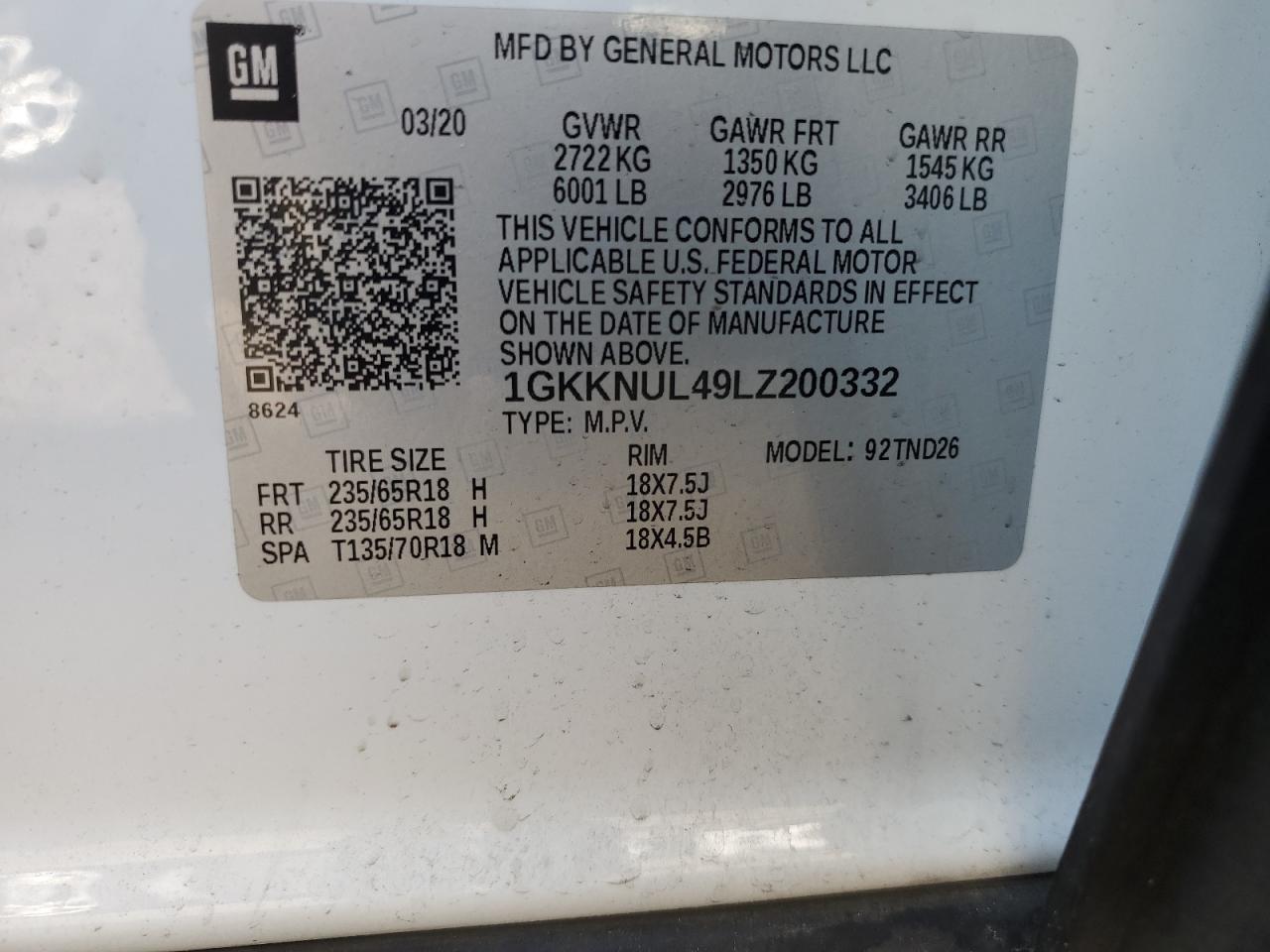 1GKKNUL49LZ200332 2020 GMC Acadia Slt